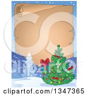 Poster, Art Print Of Cartoon Christmas Tree Character Holding A Present Over A Blank Parchment Scroll