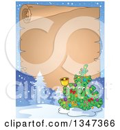 Poster, Art Print Of Cartoon Christmas Tree Character Ringing A Bell Over A Blank Parchment Scroll