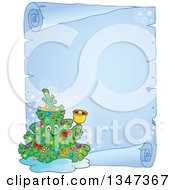 Poster, Art Print Of Cartoon Christmas Tree Character Ringing A Bell Over A Frozen Blank Parchment Scroll