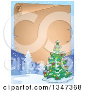 Poster, Art Print Of Cartoon Decorated Christmas Tree Over A Blank Parchment Scroll