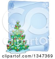 Poster, Art Print Of Cartoon Decorated Christmas Tree Over A Frozen Blank Parchment Scroll