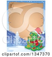 Poster, Art Print Of Cartoon Decorated Christmas Tree Character Wearing A Scarf And Santa Hat Over A Blank Parchment Scroll