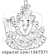 Poster, Art Print Of Cartoon Black And White Christmas Tree Character Holding A Present