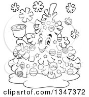 Poster, Art Print Of Cartoon Black And White Christmas Tree Character Ringing A Bell