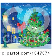 Poster, Art Print Of Cartoon Christmas Tree Character Holding A Present Outdoors In A Town