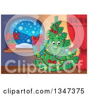 Poster, Art Print Of Cartoon Christmas Tree Character Holding A Present By A Window Indoors