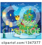 Poster, Art Print Of Cartoon Christmas Tree Character Ringing A Bell Outdoors In A Town