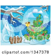 Poster, Art Print Of Cartoon Christmas Tree Character Ringing A Bell In A Yard