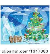 Poster, Art Print Of Cartoon Decorated Christmas Tree In A Yard