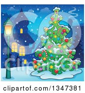 Poster, Art Print Of Cartoon Decorated Christmas Tree In A Village At Night