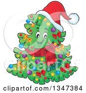 Poster, Art Print Of Cartoon Decorated Christmas Tree Character Wearing A Scarf And Santa Hat