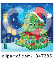 Poster, Art Print Of Cartoon Decorated Christmas Tree Character Wearing A Scarf And Santa Hat Outdoors In A Village