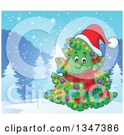 Poster, Art Print Of Cartoon Decorated Christmas Tree Character Wearing A Scarf And Santa Hat In A Winter Landscape