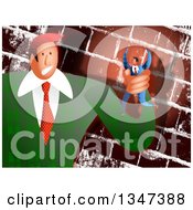 Poster, Art Print Of Caucasian Business Boss Man Holding A Tiny Employee In His Hand Over A Brick Wall