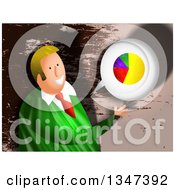 Clipart Of A Textured Blond Caucasian Business Man Discussing Statistics Over Brown Grunge Royalty Free Illustration