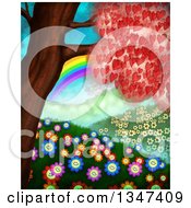 Poster, Art Print Of Heart Tree Over Happy Flowers Hills And A Rainbow