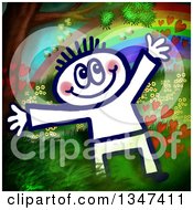 Poster, Art Print Of Happy Sketched Person Over A Painting Of A Tree Bees Hearts Rainbow And Flowers