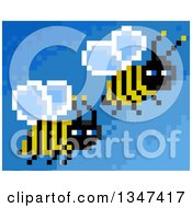 Poster, Art Print Of Pixelated Flying Bees On Blue