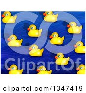 Poster, Art Print Of Background Of Wet Yellow Rubber Duckies Over Blue Waves