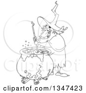 Poster, Art Print Of Cartoon Black And White Warty Fat Witch Stirring Brew In A Cauldron