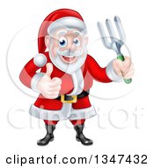 Poster, Art Print Of Cartoon Christmas Santa Holding A Garden Fork And Giving A Thumb Up 3