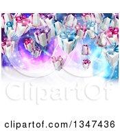 Poster, Art Print Of Background Of Birthday Or Christmas Gift Boxes Over A Purple And Blue Background With White Text Space