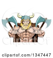 Poster, Art Print Of Cartoon Tough Muscular Blond Male Viking Warrior Wearing A Cape And Holding Axes