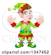 Poster, Art Print Of Cartoon Welcoming Brunette White Male Christmas Elf Waving With Both Hands