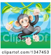 Happy Chimpanzee Monkey Holding A Banana And Swinging From A Jungle Vine Over A Valley