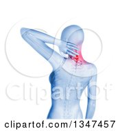 Poster, Art Print Of 3d Blue Anatomical Woman With Glowing Neck Pain And Visible Skeleton Over White