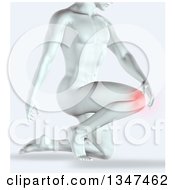 3d White Anatomical Man Kneeling With Glowing Knee Pain On Shaded White