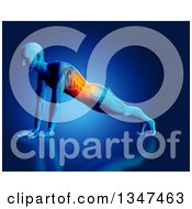 Clipart Of A 3d Anatomical Man Doing Pushups Or In A Plank Yoga Pose With Glowing Torso On Blue Royalty Free Illustration