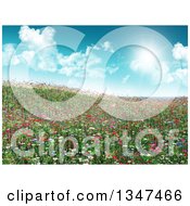 Poster, Art Print Of 3d Hill With Grass And Wildflowers Against A Sky With Sunshine And Clouds
