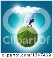 Poster, Art Print Of 3d Blue Robot Holding Up A Solar Panel On A Grassy Globe