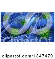 Clipart Of A 3d Medical Background Of Dna Strands And Green Viruses On Blue Royalty Free Illustration