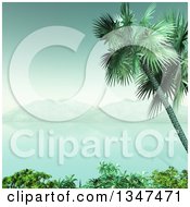 Poster, Art Print Of 3d Tropical Island And Bay Framed With A Palm Tree And Shrubs In Vintage Tones