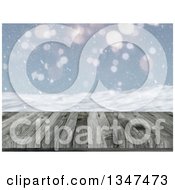 Poster, Art Print Of 3d Close Up Of A Wooden Table Or Deck With A Blurred View Of Snow