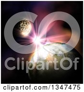 Clipart Of A 3d Nasa Background Of A Sunburst Earth And The Moon Royalty Free Illustration