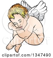 Poster, Art Print Of Cartoon Blond White Cherub Resting His Head On His Knees