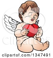 Poster, Art Print Of Cartoon Brunette White Cherub Sitting And Hugging A Heart