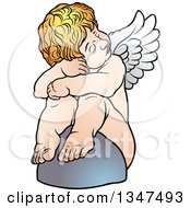 Poster, Art Print Of Cartoon Blond White Cherub Resting Against A Rock