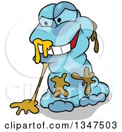 Cartoon Blue Evil Monster Sitting With Slime