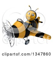 Clipart Of A 3d Happy Male Aviator Pilot Bee Flying A Yellow And Black Striped Airplane Slightly To The Left Royalty Free Illustration