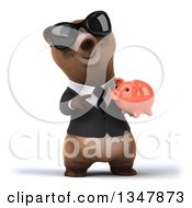 Clipart Of A 3d Happy Brown Business Bear Wearing Sunglasses Holding And Pointing To A Piggy Bank Royalty Free Illustration by Julos