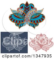 Poster, Art Print Of Beautiful Ornate Red White On Blue And Colored Henna Lotus Flowers 2