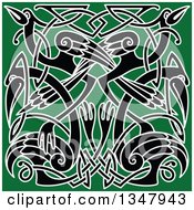 Poster, Art Print Of Black And White Celtic Knot Crane Or Heron Design On Green