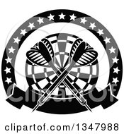 Clipart Of Black And White Crossed Darts Over A Target In A Circle Of Stars With A Banner Royalty Free Vector Illustration