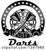 Clipart Of Black And White Crossed Darts Over A Target In A Circle Of Stars With A Banner Over Text Royalty Free Vector Illustration