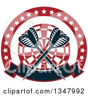 Clipart Of Crossed Darts Over A Red And White Target In A Circle Of Stars With A Banner Royalty Free Vector Illustration