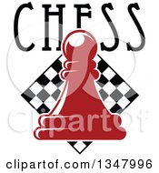 Clipart Of A Red Chess Pawn With Text Over A Diamond Checker Board Royalty Free Vector Illustration
